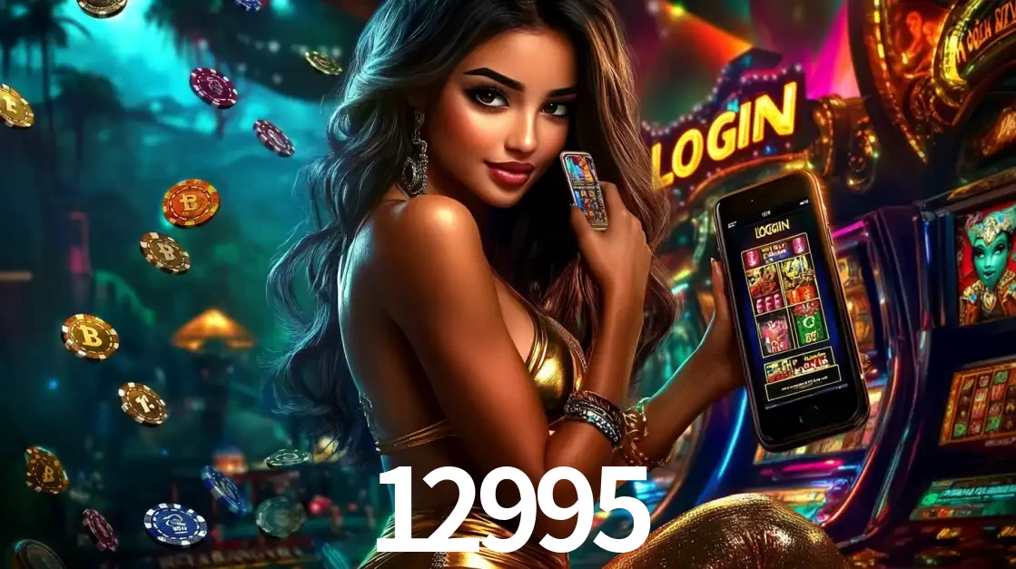 Mulher em um cenário de cassino temático de aventura, mostrando o app de caça-níqueis da 12995 no celular. Fichas de apostas flutuam ao redor.